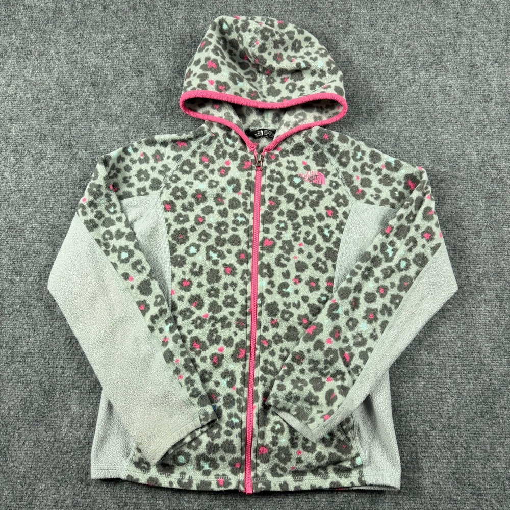 The North Face Fleece Hoodie Girls Large 14/16 Gray Pink Leopard Print Full Zip